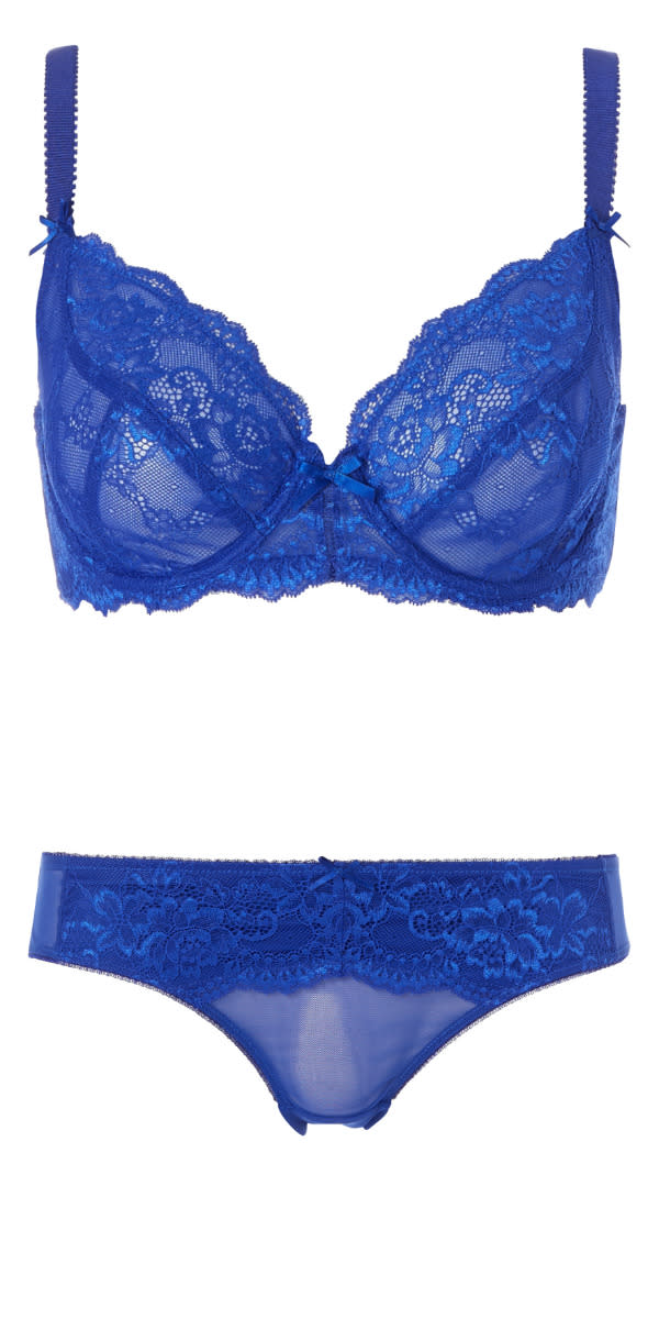 <p><i><a href="https://tuclothing.sainsburys.co.uk/p/Blue-Audrey-Non-Padded-Bra/129712068-Blue?searchTerm=:relevance&searchProduct" rel="nofollow noopener" target="_blank" data-ylk="slk:Tu Clothing at Sainsbury’s, bra, £10.;elm:context_link;itc:0;sec:content-canvas" class="link ">Tu Clothing at Sainsbury’s, bra, £10.</a></i> <i><a href="https://tuclothing.sainsburys.co.uk/p/Blue-Lace-Brazilian-Briefs/129712631-Blue?searchTerm=blue%20briefs:relevance&searchProduct=true" rel="nofollow noopener" target="_blank" data-ylk="slk:Briefs, £5;elm:context_link;itc:0;sec:content-canvas" class="link ">Briefs, £5</a>.</i></p>