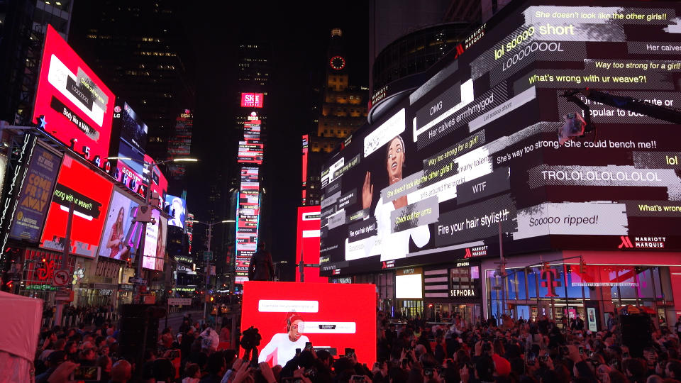 SK-II's Times Square takeover on 4 March 2020 for the launch of "VS", an SK-II STUDIO animated series, as part of the brand's campaign against toxic competition. The billboards are displaying toxic comments from "beauty trolls" directed at Olympic gymnast Simone Biles. (Photo: SK-II)