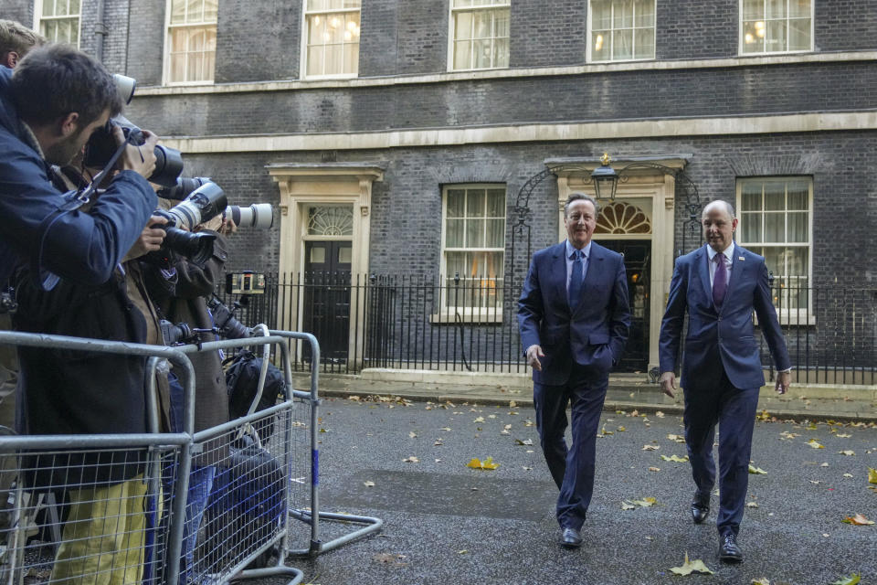 Former prime minister David Cameron leaves Downing Street, in London, Monday, Nov. 13, 2023. British Prime Minister Rishi Sunak on Monday fired Home Secretary Suella Braverman, a divisive figure who drew anger for accusing police of being too lenient with pro-Palestinian protesters. In a highly unusual move, former Prime Minister David Cameron was named foreign secretary. It's rare for a former leader, and a non-lawmaker, to take a senior government post. The government said Cameron will be appointed to Parliament's unelected upper chamber, the House of Lords. (Maja Smiejkowska/PA via AP)