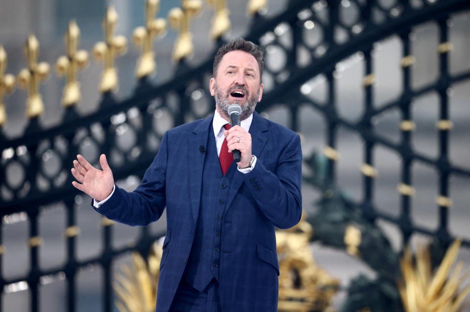 Comedian Lee Mack entertains the crowd during the Platinum Party At The Palace at Buckingham Palace.
