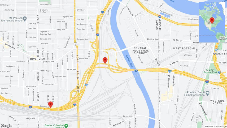 A detailed map that shows the affected road due to 'Heavy rain prompts traffic advisory on westbound I-670 in Kansas City' on May 19th at 10:53 p.m.