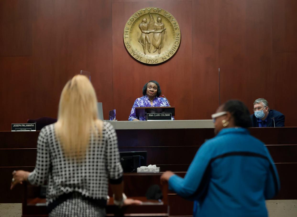 Wayne County Commissioner Irma Clark-Coleman listens as the director of the Transgender Advocacy Fair Michigan Julisa Abad and Wayne County Prosecutor Kym Worthy speak in their chambers in downtown Detroit on Wednesday, June 29, 2022.