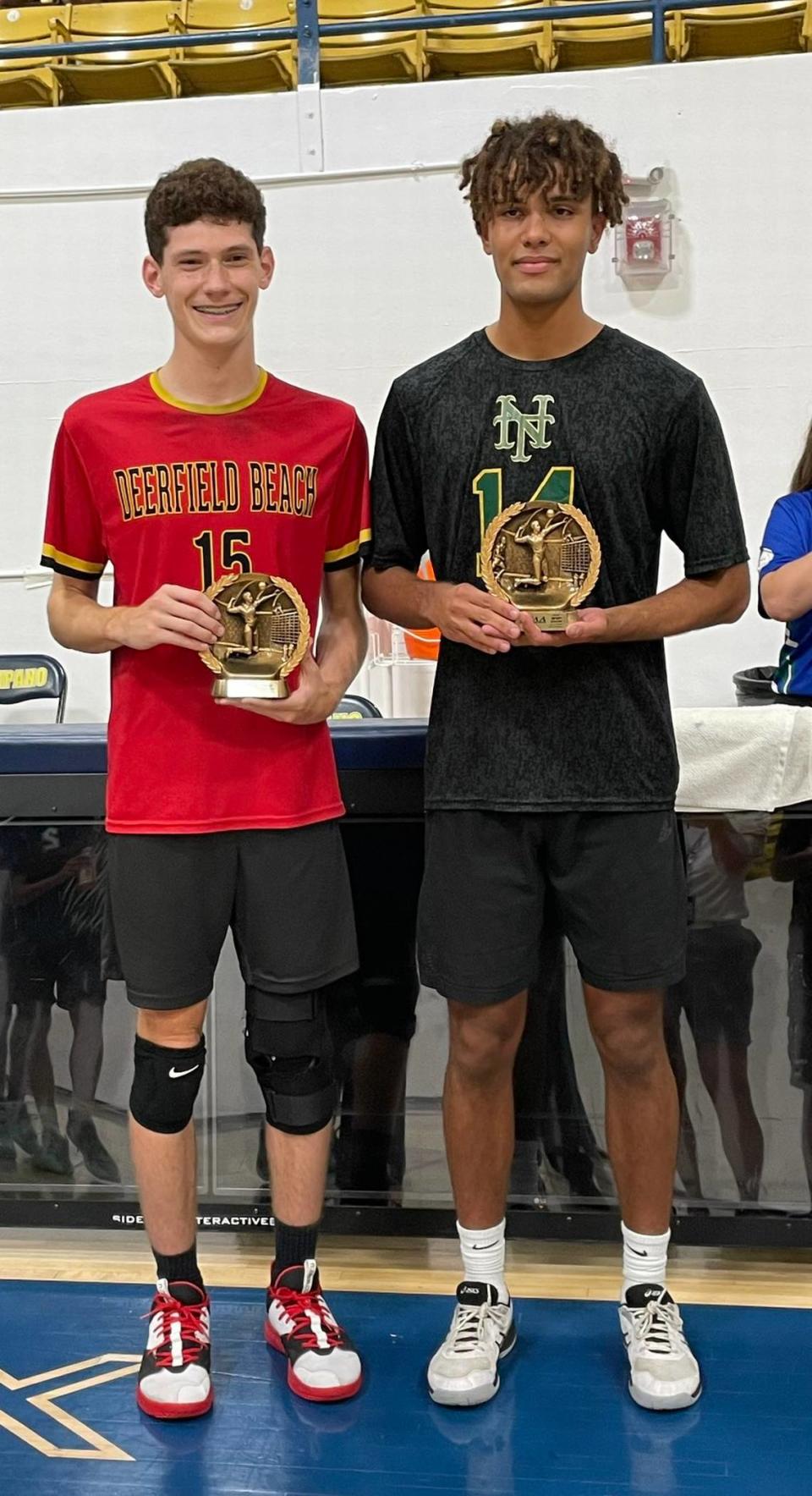 At the BCAA Boys’ Volleyball All-Star Game, the North’s Judelin Bosse from Deerfield Beach and the South’s Ryan Celestine from Nova were named team MVPs. Photo Via BCAA Sports Twitter