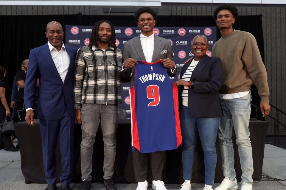 Troy Thompson, Troy Thompson Jr., Detroit Pistons draft pick Ausar Thompson, Maya Wilson and Amen Thompson after the introductory news conference at the Henry Ford Detroit Pistons Performance Center, Friday, June 23, 2023.