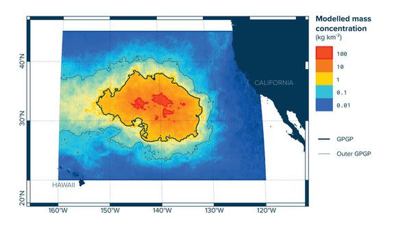 Modeled mass concentration of plastic in the Great Pacific Garbage Patch