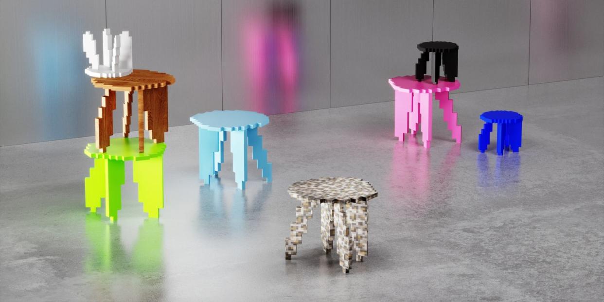 an empty room with colorful pixelated stools