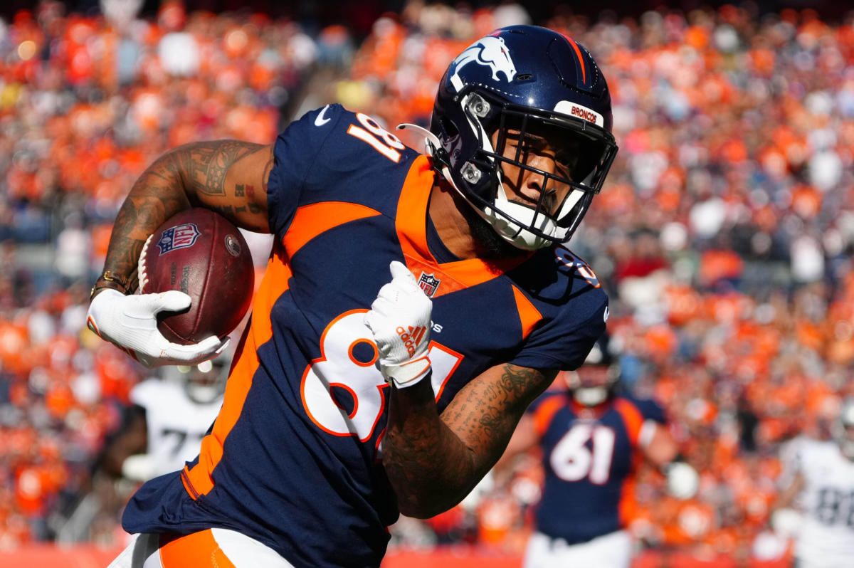 Denver Broncos wide receiver Tim Patrick (81) celebrates a touchdown  against the Cincinnati Bengals in the first half of an NFL football game  Sunday, Dec 19, 2021, in Denver. (AP Photo/Bart Young