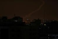 Trail of smoke is seen after a rocket was fired from Gaza towards Israel in Gaza