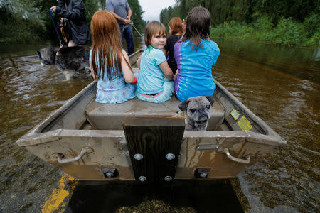 Iva Williamson, 4, peers behind her as she joins neighbors and pets in fleeing rising flood waters in the aftermath of Hurricane Florence in Leland, North Carolina, U.S., September 16, 2018. REUTERS/Jonathan Drake