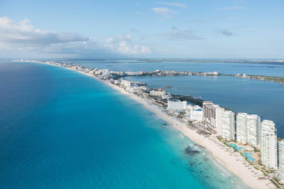 Aerial view of Cancun, Mexico on a blue sky, sunny day