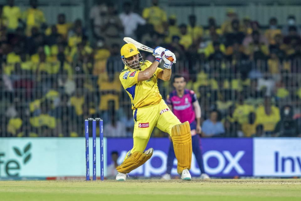 MS Dhoni of Chennai Super Kings plays a shot during the Indian Premier League (IPL) cricket match between Chennai Super Kings and Rajasthan Royals in Chennai, India, Wednesday, April 12, 2023. (AP Photo/ R. Parthibhan)