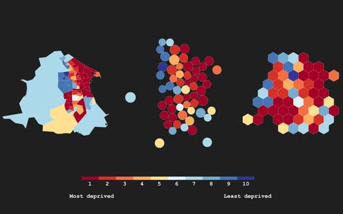 <span class="caption">Three very different maps, using the same deprivation data, for the same place: Hartlepool, UK. </span> <span class="attribution"><span class="source">Samuel Langton/MMU, using OS Data © Crown copyright 2019.</span>, <span class="license">Author provided</span></span>