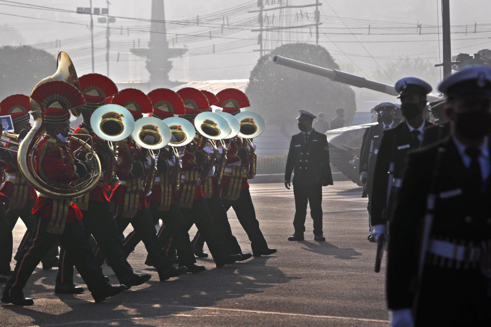 An Indian Army brass band marches during rehearsals for the upcoming Republic Day parade in New Delhi, India, Thursday, Jan. 21, 2021. Republic Day marks the anniversary of the adoption of the country's constitution on Jan. 26, 1950. Thousands congregate on Rajpath, a ceremonial boulevard in New Delhi, to watch a flamboyant display of the country’s military power and cultural diversity. (AP Photo/Manish Swarup)