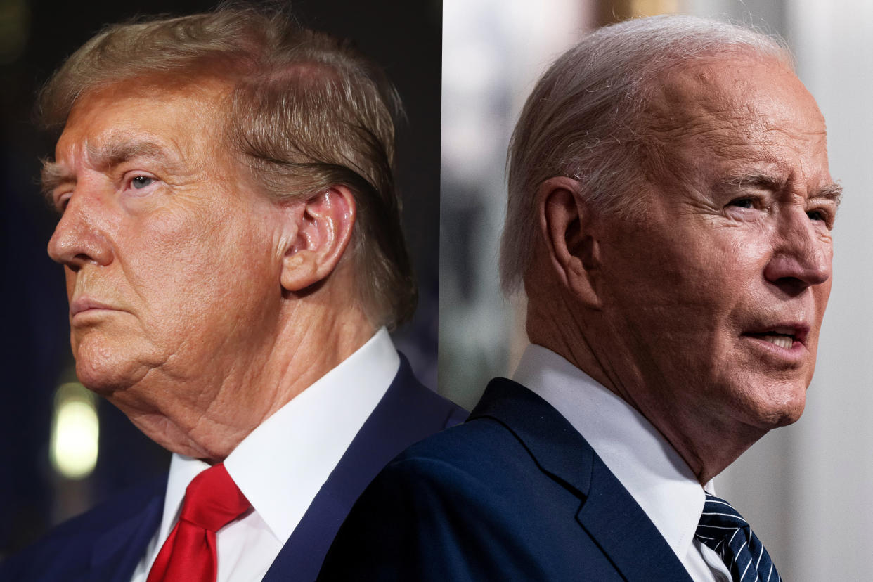 Donald Trump facing left and Joe Biden facing right.