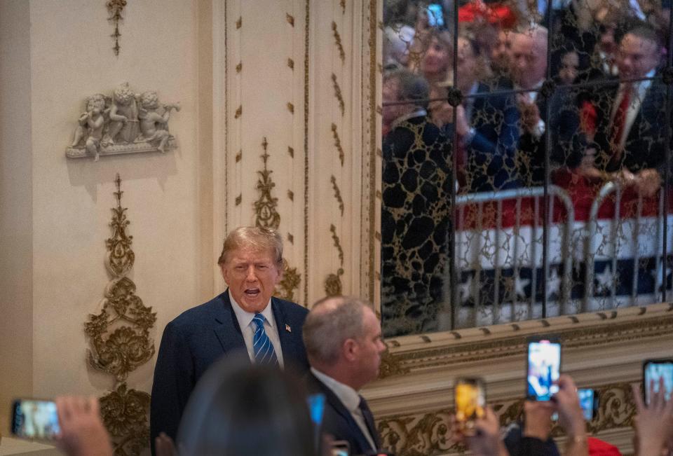 Former president Donald Trump celebrates at an election-night watch on Super Tuesday at Mar-a Lago on March 5, 2024 in Palm Beach.