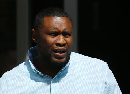 Rapper Brandon Duncan, also known as Tiny Doo, leaves court during a lunch- hour break in the motion to dismiss charges against him in San Diego, California March 16, 2015. REUTERS/Mike Blake