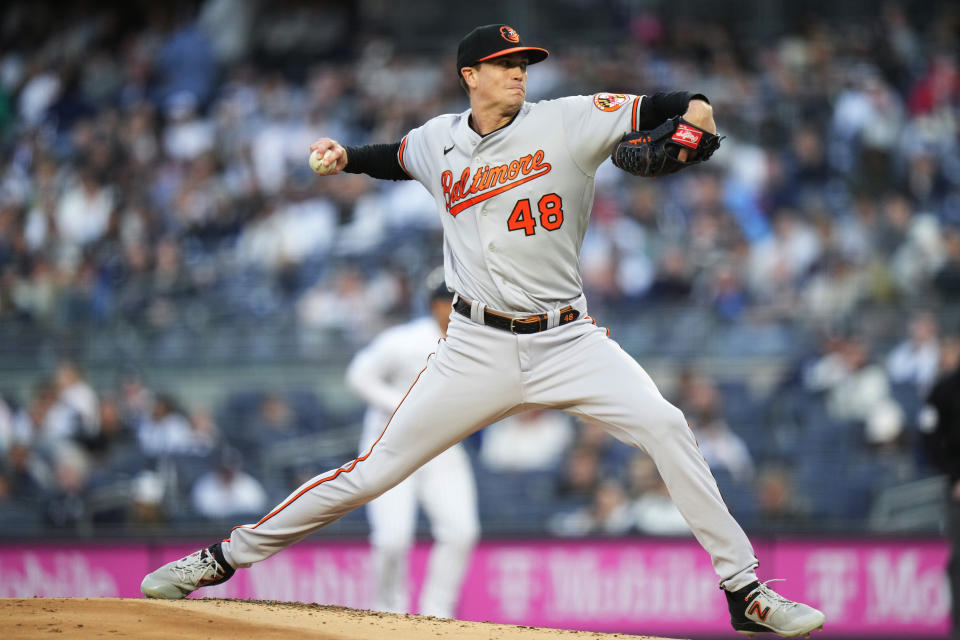 Baltimore Orioles' Kyle Gibson (48) pitches during the first inning of the team's baseball game against the New York Yankees on Thursday, May 25, 2023, in New York. (AP Photo/Frank Franklin II)