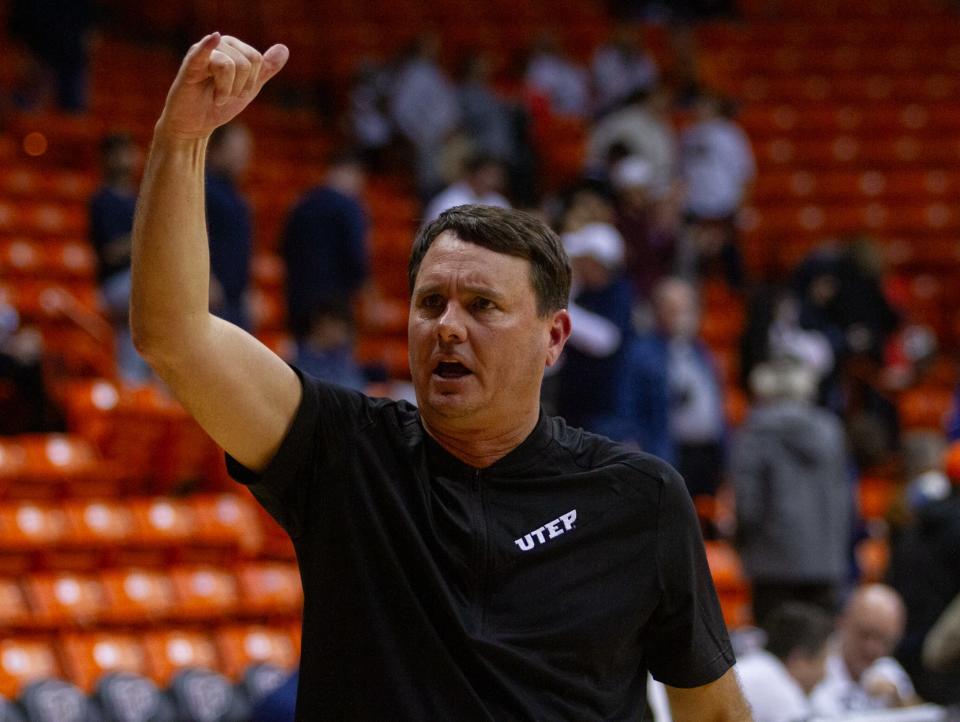 UTEP's mens basketball Head Coach Joe Golding thanks fans after a win against the University of Science and Arts of Oklahoma with a final score of 123-72 at the Don Haskins Center on Nov. 9, 2023.