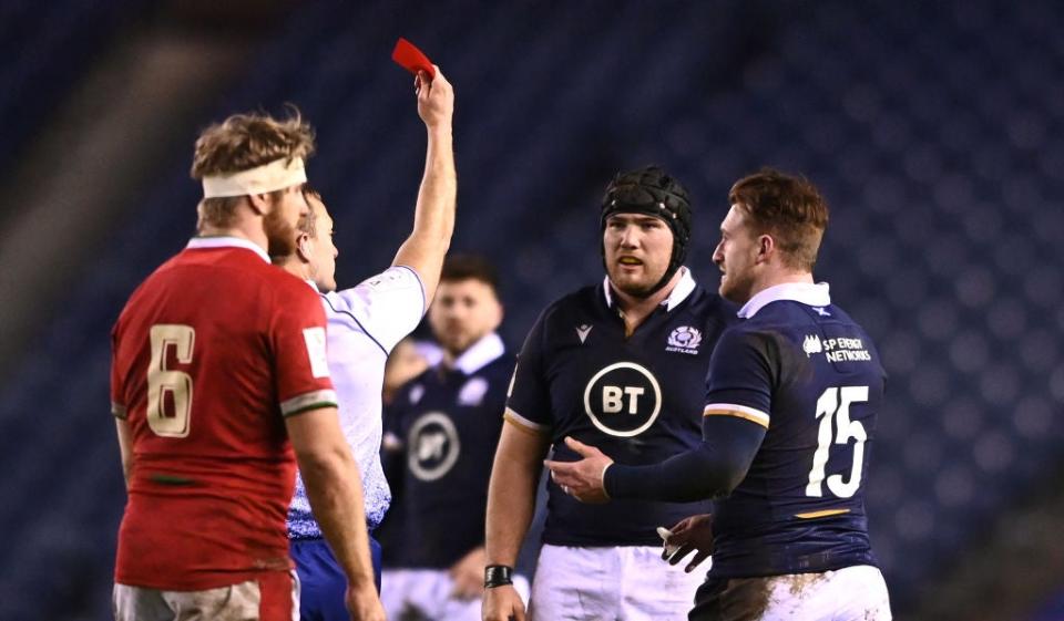 Scotland player Zander Fagerson reacts after being sent off (Getty)