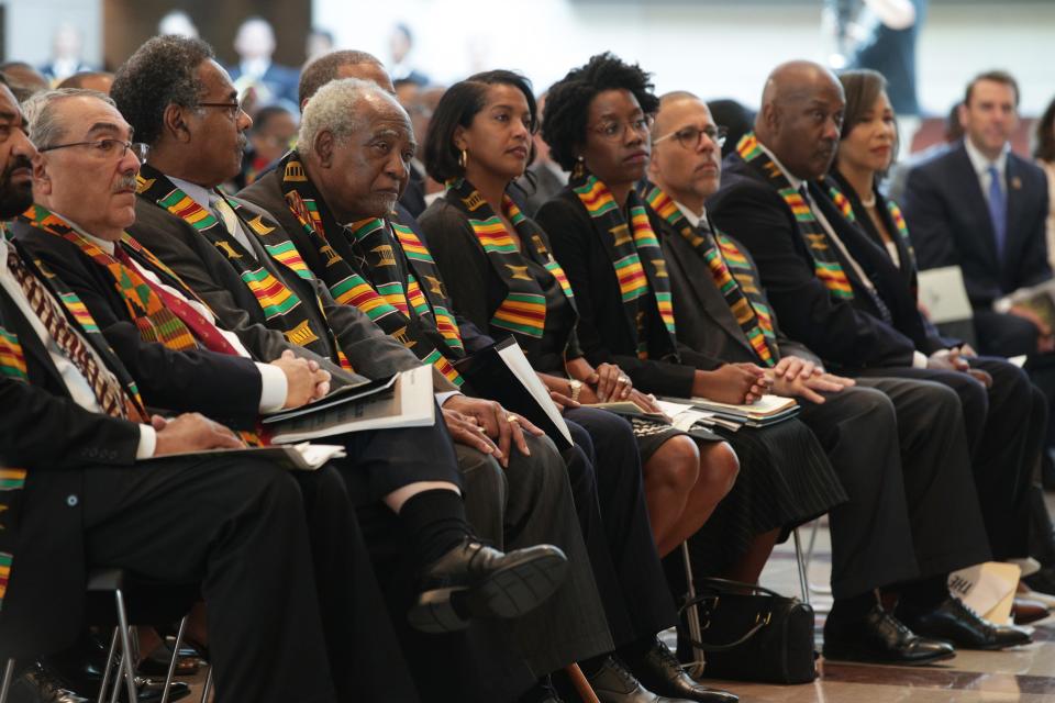 Members of the Congressional Black Caucus listen during an event at the  U.S. Capitol Sept. 10 to commemorate 