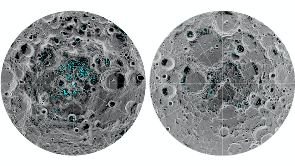 Water is one of the most valuable resources on the Moon and is mostly located in craters at the south pole, left, and north pole, right. The blue in the images represents areas of surface ice. <a href="https://www.jpl.nasa.gov/news/ice-confirmed-at-the-moons-poles" rel="nofollow noopener" target="_blank" data-ylk="slk:NASA;elm:context_link;itc:0;sec:content-canvas" class="link ">NASA</a>