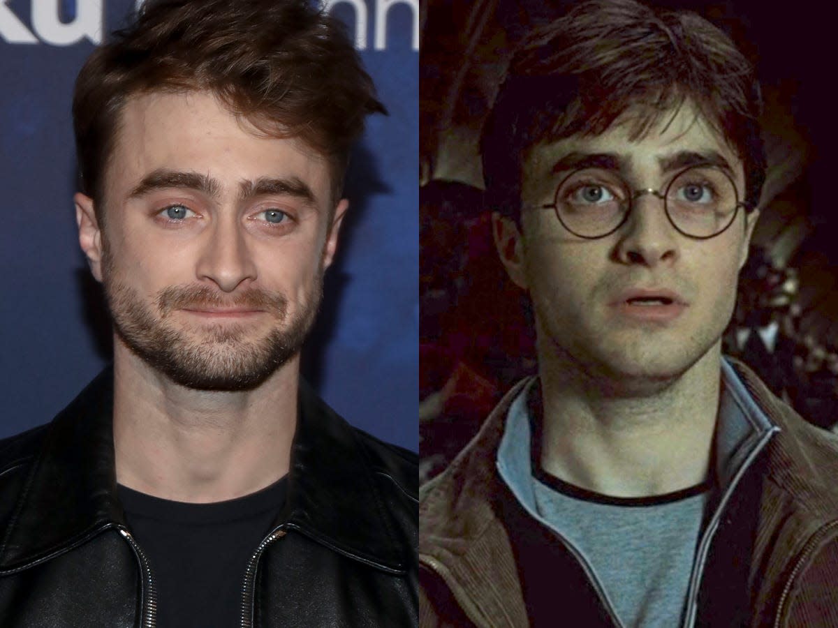 On the left: Daniel Radcliffe in November 2022. On the right: Radcliffe in "Harry Potter and the Deathly Hallows: Part 2."