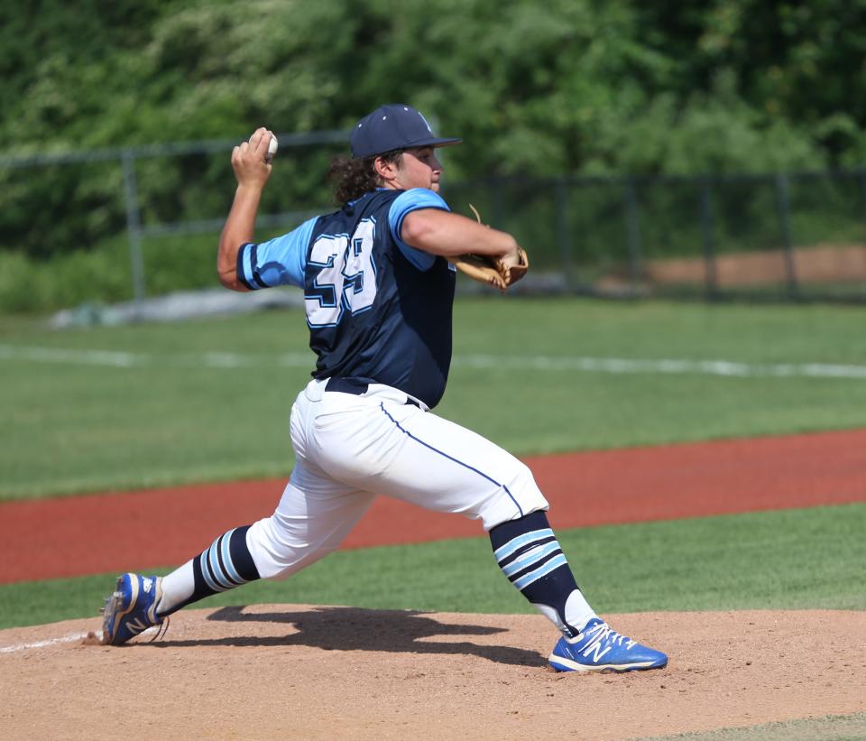 John Jay's Vinny Fusco pitches during the Section 1 Class AA baseball quarterfinal versus Arlington in Freedom Plains on June 9, 2021.