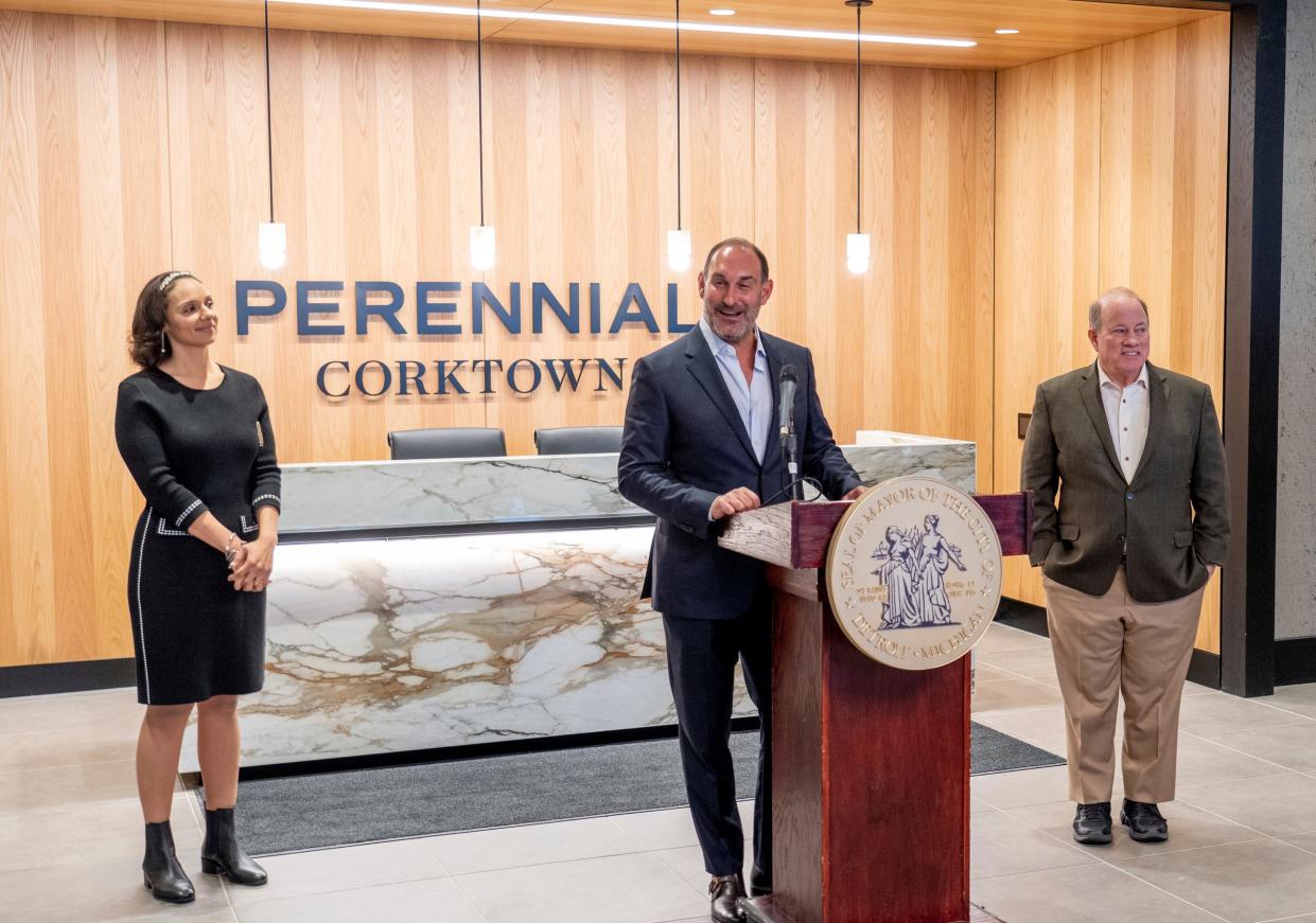 Hunter Pasteur CEO Randy Wertheimer speaks during a ribbon-cutting event for the newly completed Perennial Corktown upscale housing development in Corktown on Thursday, Jan. 11, 2024.