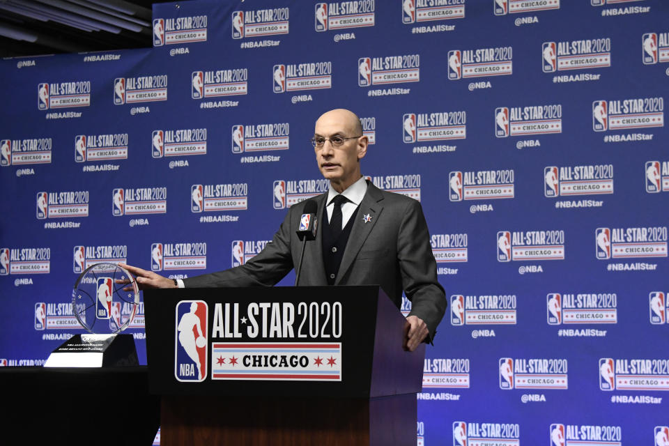 NBA Commissioner Adam Silver unveils the NBA All-Star Game Kobe Bryant MVP Award during a news conference Saturday, Feb. 15, 2020, in Chicago. (AP Photo/David Banks)