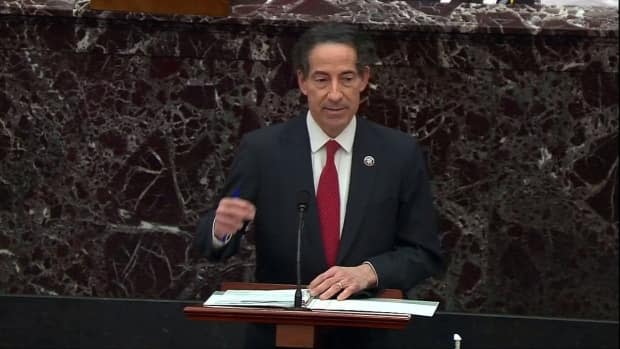Democrat Jamie Raskin, the lead impeachment manager from the House of Representatives, is shown addressing the U.S. Senate at the beginning of the second impeachment trial of Trump.