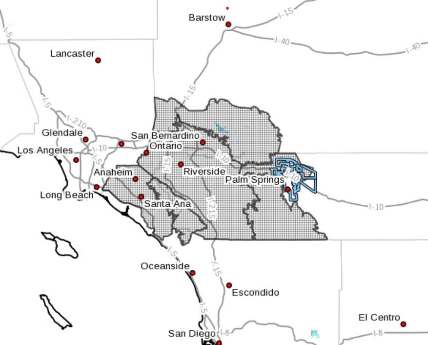 A map showing the area included in the National Weather Service's high wind advisory for Nov. 24 and 25, 2021.