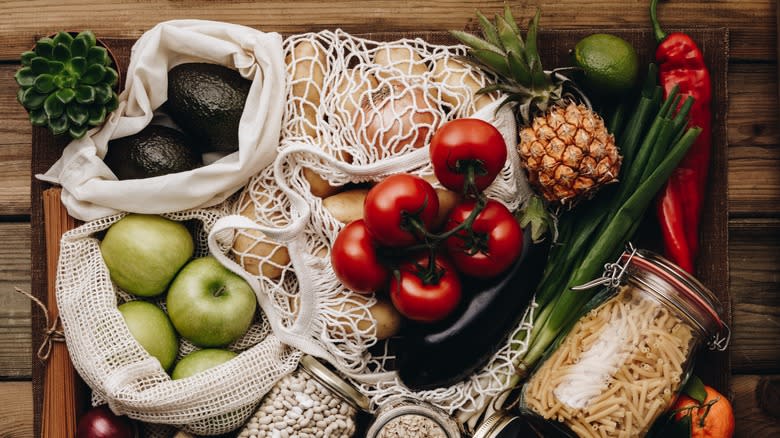 produce and ingredients in bags