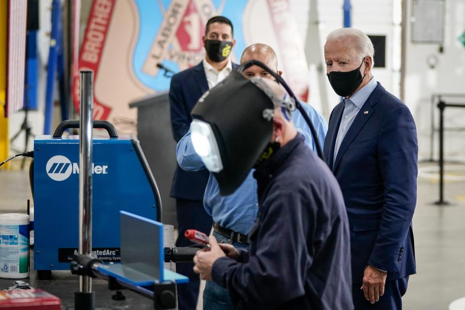 Democratic presidential nominee  Joe Biden tours Carpenter Training Center in Hermantown, Minnesota, on Sept. 18, 2020.