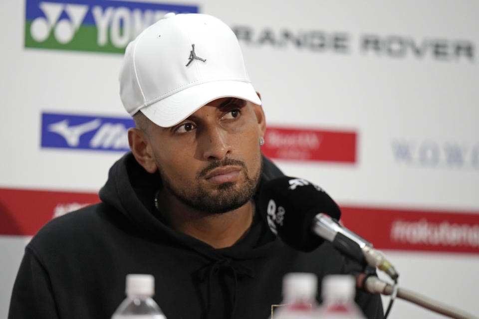 FILE - Nick Kyrgios of Australia speaks during a press conference after defeating Tseng Chun-Hsin of Taiwan during a singles match at the Rakuten Open tennis championships in Tokyo, Tuesday, Oct. 4, 2022. Less than 10 minutes into the first episode of “Break Point,” the Netflix docuseries about professional tennis that launches Friday, Jan. 13, 2023, Kyrgios is seen practicing before last year’s Australian Open and is heard contemplating aloud whether he ever will appear again at the tournament. (AP Photo/Shuji Kajiyama, File)