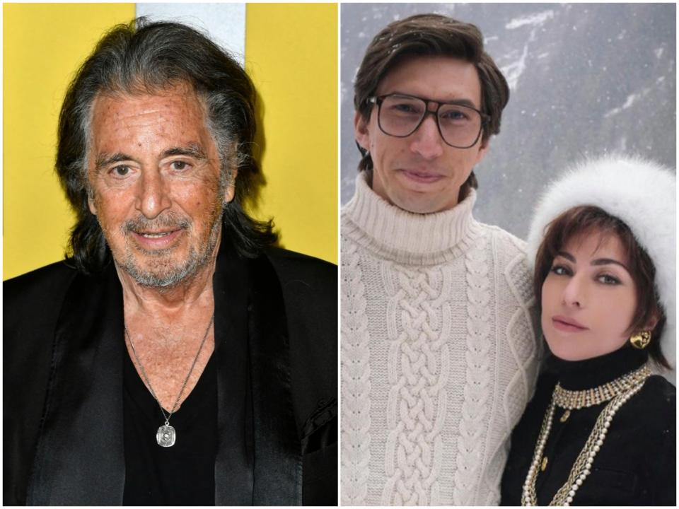 Al Pacino in 2020, and Adam Driver and Lady Gaga in House of Gucci (Frazer Harrison/Getty/MGM)