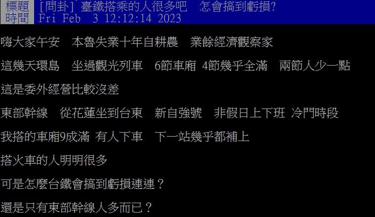 網友不解為何台鐵很多人搭還會虧損。（圖／翻攝自PTT）