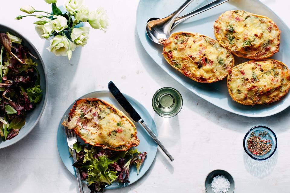 Cheesy Baked Spaghetti Squash Boats with Salami, Sun-Dried Tomatoes, and Spinach
