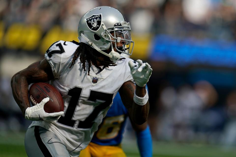 Las Vegas Raiders wide receiver Davante Adams runs against the Los Angeles Chargers during the second half in Inglewood, Calif., Sunday, Sept. 11. (AP Photo/Marcio Jose Sanchez)