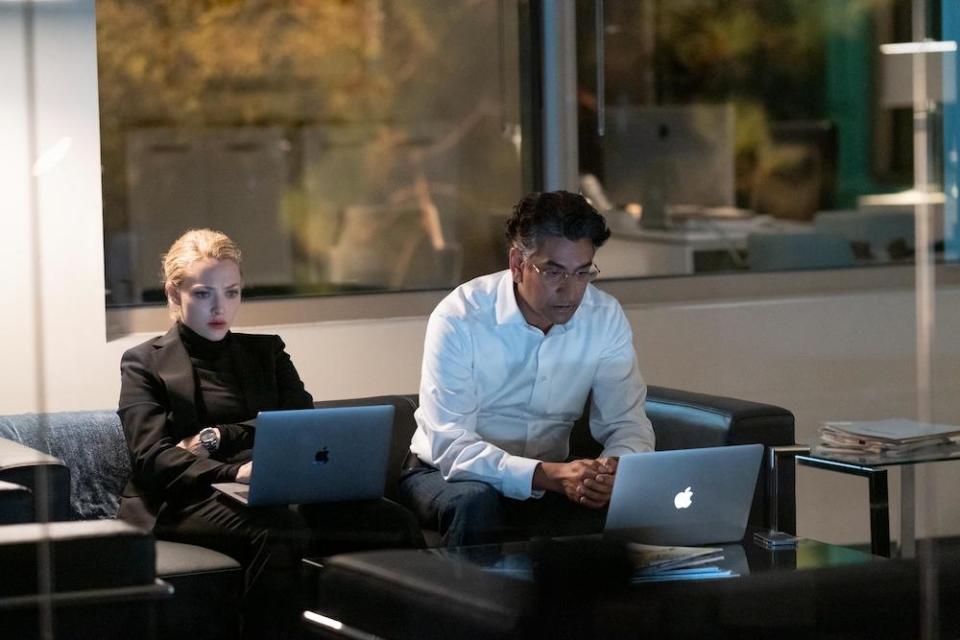 Elizabeth and Sunny face a reckoning. Elizabeth Holmes (Amanda Seyfried) and Sunny Balwani (Naveen Andrews). - Credit: Courtesy of Beth Dubber/Hulu