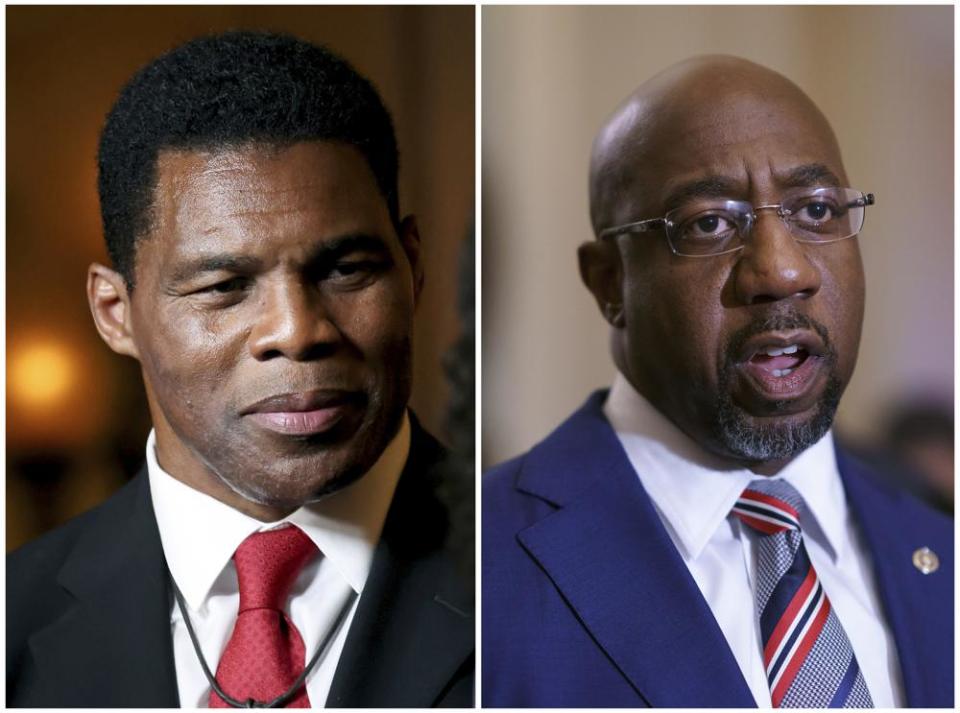 This combination of two separate photos shows Herschel Walker in Atlanta, May 24, 2022, left, and Sen. Raphael Warnock, D-Ga., in Washington, June 22, 2021, right. (AP Photo)