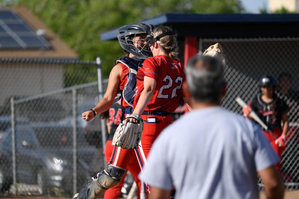 Hesperia Christian's Gabby Stoops celebrates with Macy Piorkowski after beating St. Pius X-St. Matthias Academy 19-2 in the first round of CIF-Southern Section Division 8 Championships on Thursday, May 3, 2024 in Hesperia.
