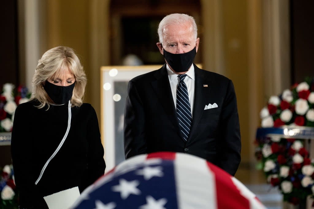 Democratic presidential nominee Joe Biden and his wife, Jill, pay their respects to the late Justice Ruth Bader Ginsburg at the US Capitol. (Getty Images)