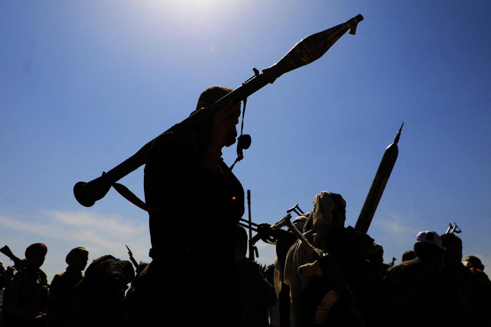 Since shortly after the Israel-Hamas war in Gaza broke out on October 7, the Huthis have launched a spate of missile and drone attacks on passing commercial ships in the Red Sea which they say are linked to Israel.  (Mohammed Huwais / AFP via Getty Images)