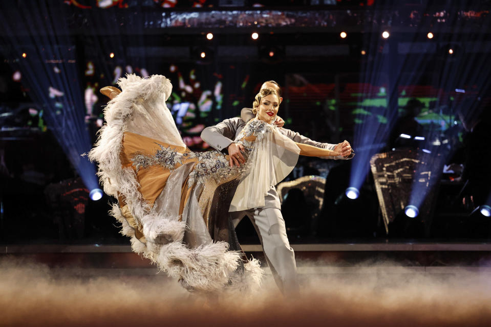 Zara McDermott and Graziano Di Prima dancing the Viennese Waltz on Strictly. (BBC)