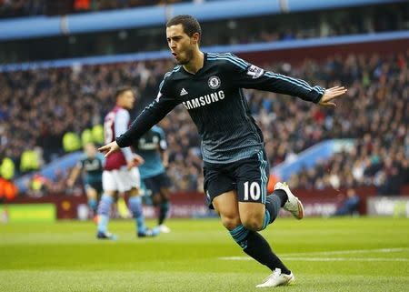 Eden Hazard of Chelsea celebrates scoring against Aston Villa during their English Premier League soccer match at Villa Park, Birmingham, February 7, 2015. REUTERS/Darren Staples