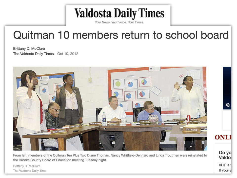 Diane Thomas, Nancy Dennard and Linda Troutman are reinstated to the Brooks County school board, as covered by the Valdosta Daily Times. (Photo: Yahoo News)