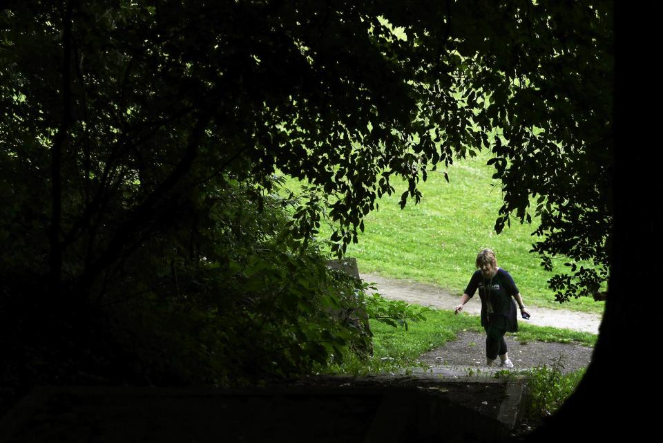 Ellet Community Center Supervisor Dianne Schall climbs the steps of the Veterans Memorial Nature Trail on Thursday. This trail is a unique feature of Hyre Woods, which connects the Hyre/Lions Parks, one of two winners of the 2022 Akron Parks Challenge.