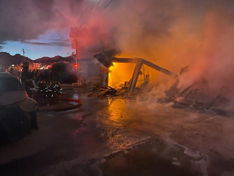 Fire crews on Thursday battled a two-alarm structure fire on Serrano Road north of Highway 18 in Apple Valley.