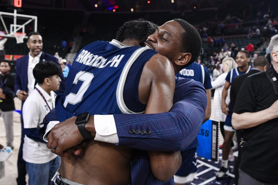 Mar 16, 2024; Atlantic City, NJ, USA; St. Peter's Peacocks guard Marcus Randolph (2) reacts after winning the MAAC Conference final against Fairfield at Jim Whelan Boardwalk Hall. Mandatory Credit: John Jones-USA TODAY Sports