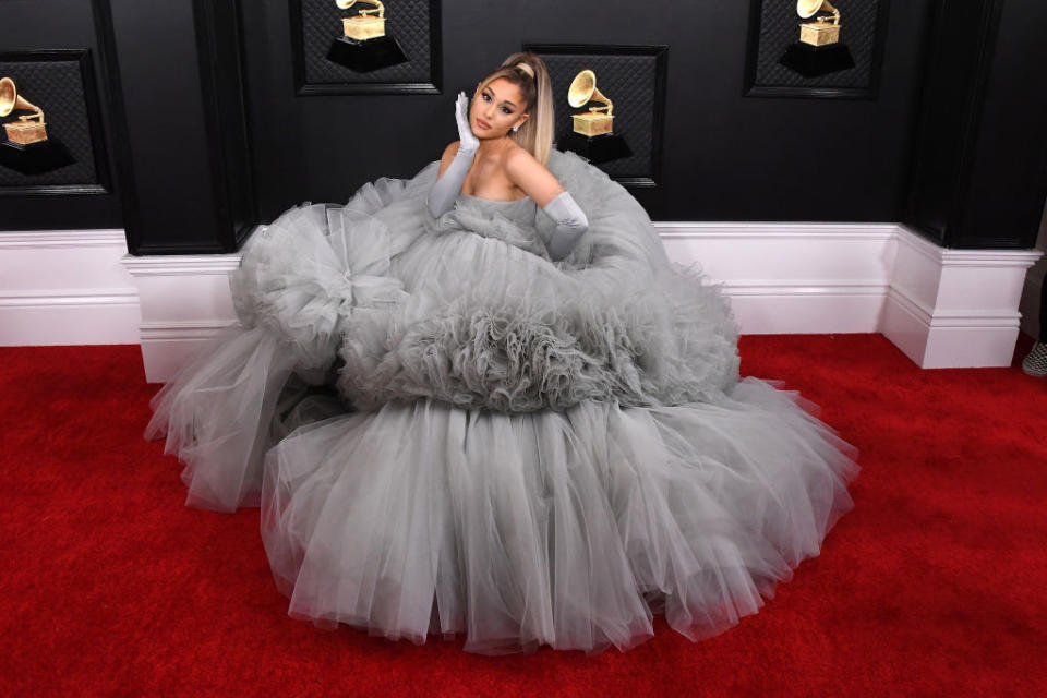 Ariana Grande posing in her iconic poofy gown on the Grammy's red carpet